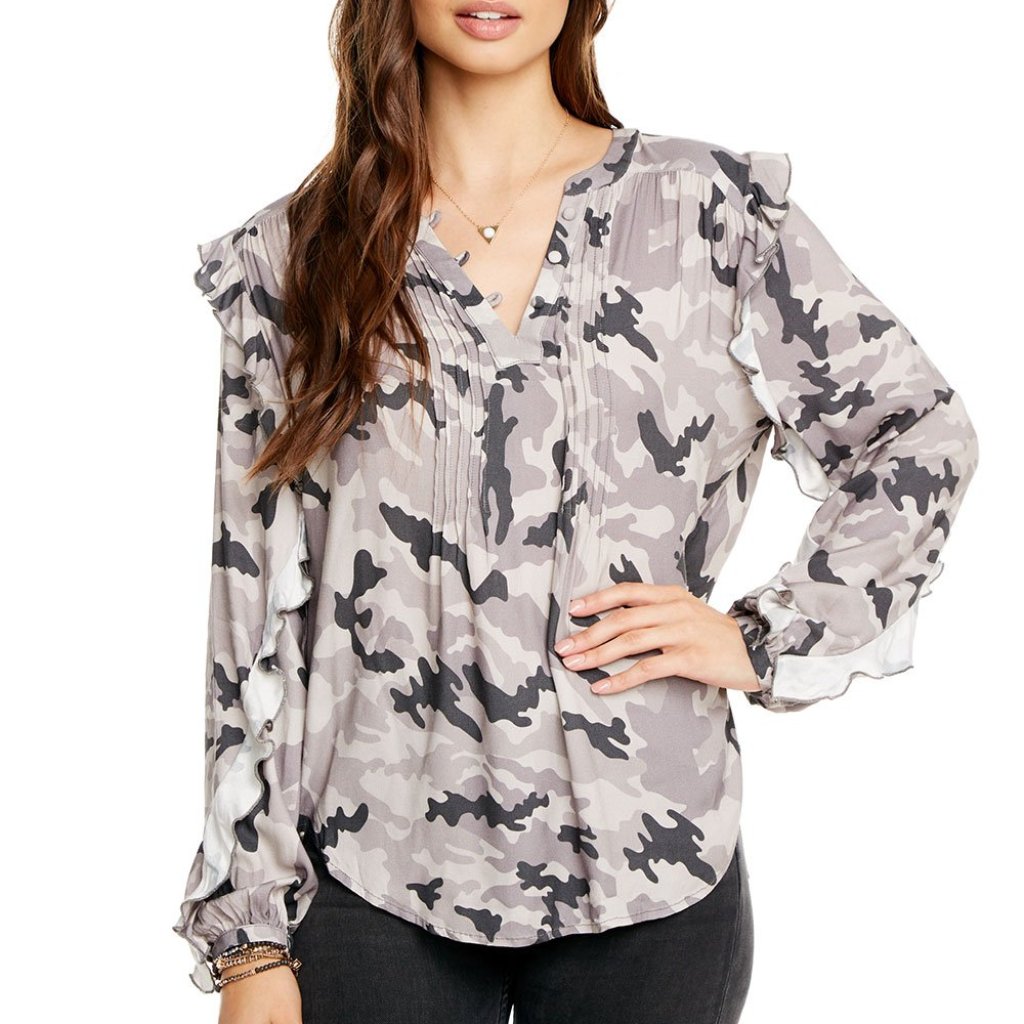 Chaser Camo Ruffle Long Sleeve Blouse Gray Black